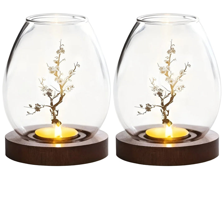 2-delt sett glasskandelholdere med tresokkel - dekorativ i retro zen-stil | perfekt for stue, borddekorasjon og utendørs | Luvikno