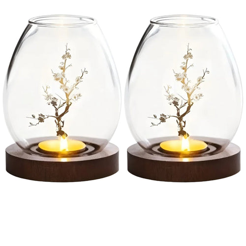 2-delt sett glasskandelholdere med tresokkel - dekorativ i retro zen-stil | perfekt for stue, borddekorasjon og utendørs | Luvikno
