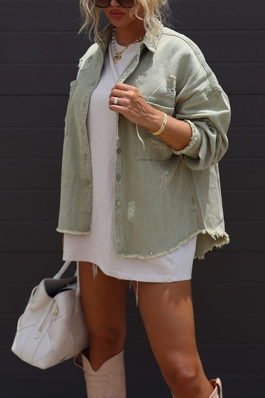 Luvik | Käänteinen Pitkähiha Repaleinen Farkkutakki