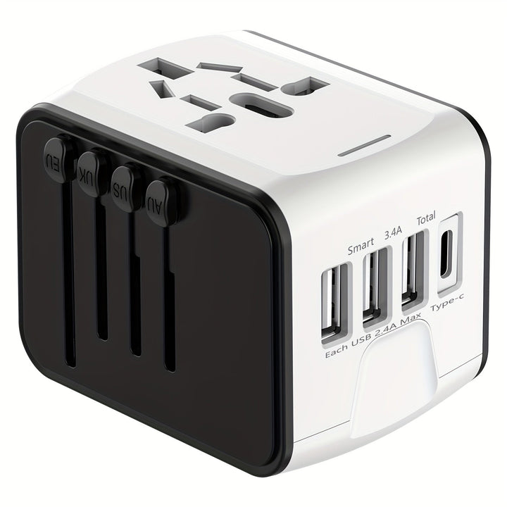 Luvikno | Universell reiseadapter med 4 USB-porter og Type-C – Verdensomspennende kompatibilitet, hurtiglading sikkerhetsfunksjoner
