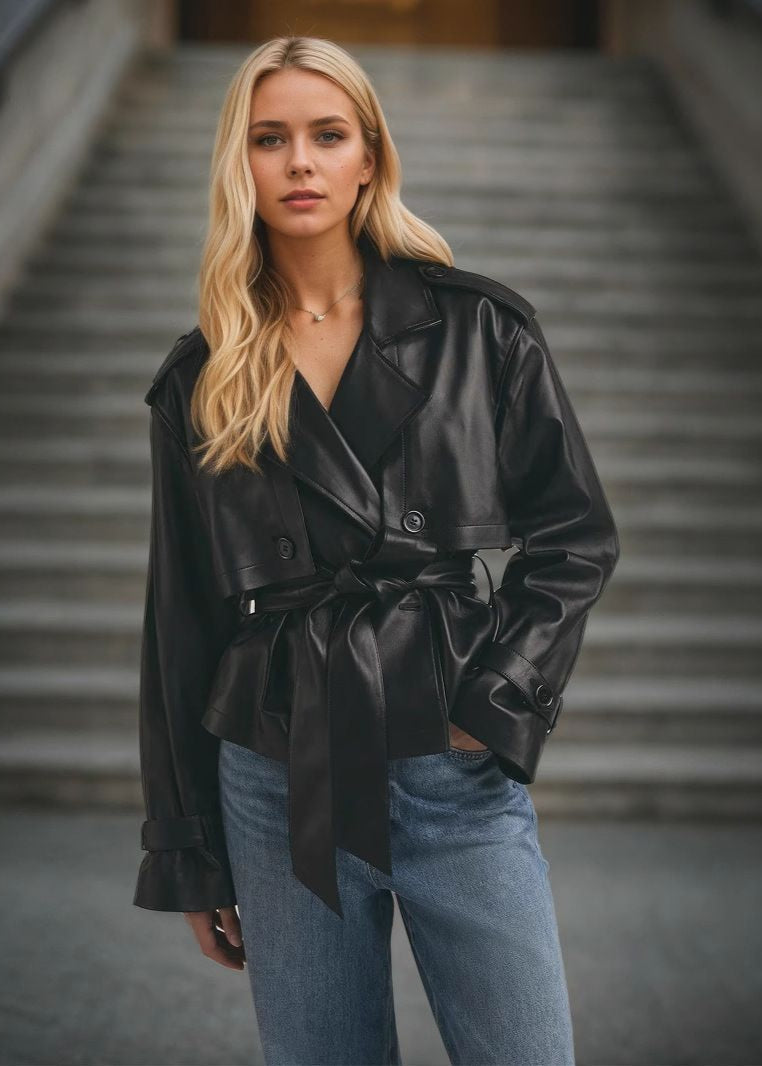 Luvik | Künstskinn kort belted trench coat