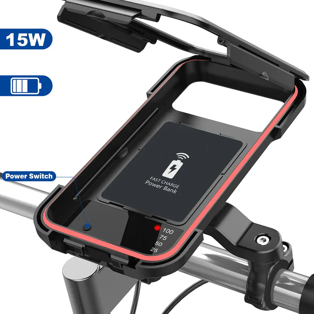 RideCharge Pro – Vanntett telefonholder med USB og 15W trådløs lading for sykkel og el-sykkel | Luvikno