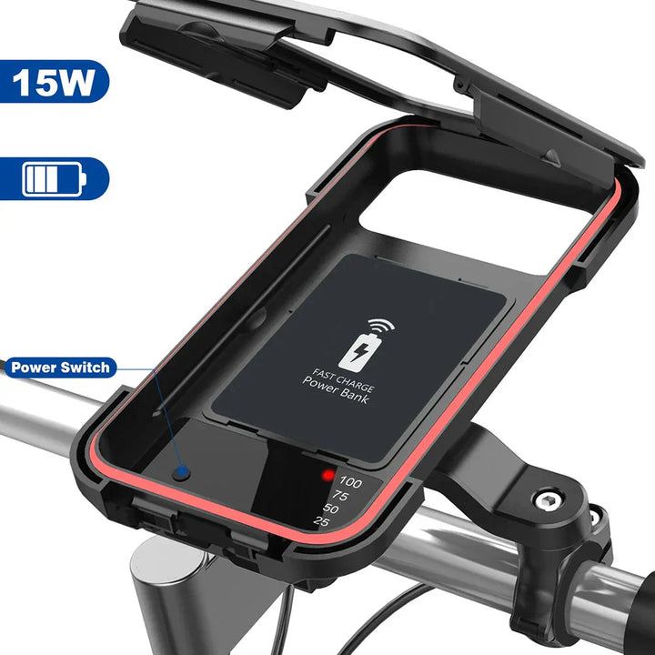 RideCharge Pro – Vanntett telefonholder med USB og 15W trådløs lading for sykkel og el-sykkel | Luvikno