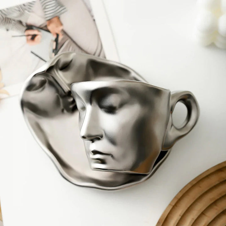Metall Berørende Ansikt Kreativ Keramikk Kyss Kaffe Kopp, Kunstnerisk Stemning Mugge & Underkop Sett | Luvikno