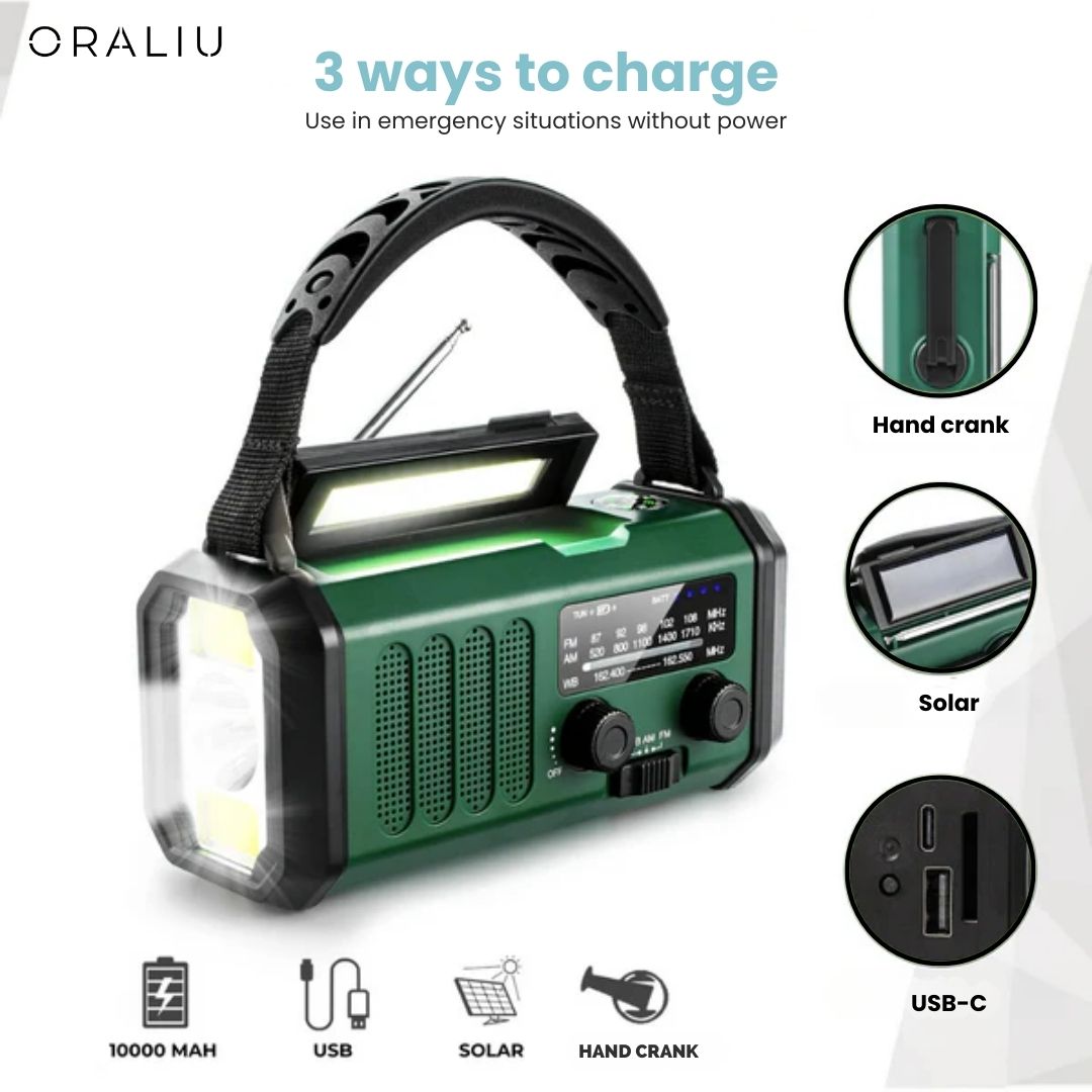 Luvikno | Solcelle Nødradio med Power Bank – Håndspak og LED-lommelykt for Camping og Utendørsbruk