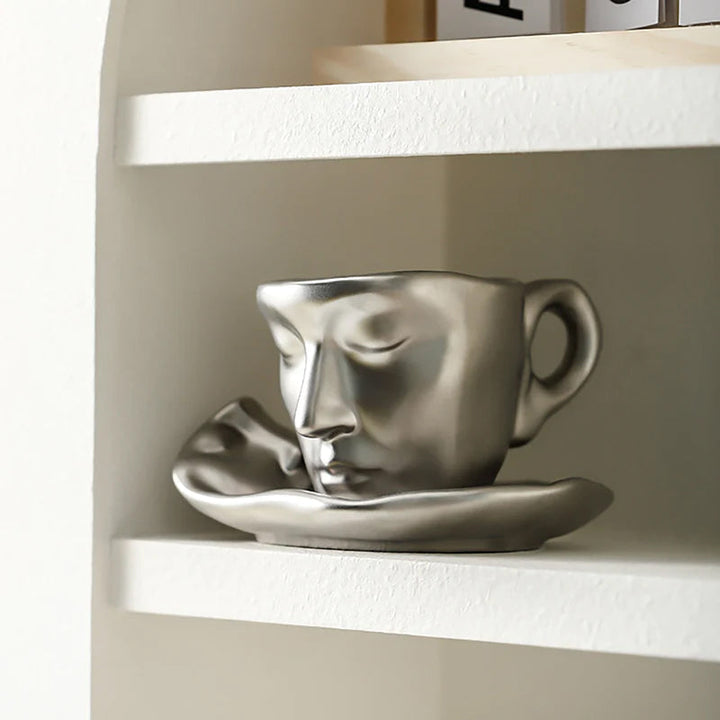 Metall Berørende Ansikt Kreativ Keramikk Kyss Kaffe Kopp, Kunstnerisk Stemning Mugge & Underkop Sett | Luvikno
