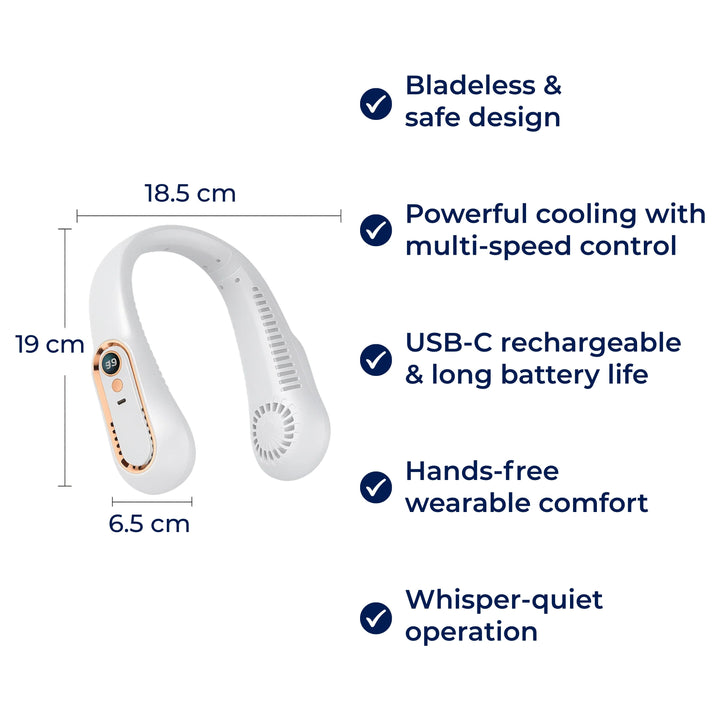 CoolEase | Bærbar Nakke Vifte – Håndfri Bladeless Kjøling – Fem Hastigheter USB-C – Reisekontor Pendler Luvikno