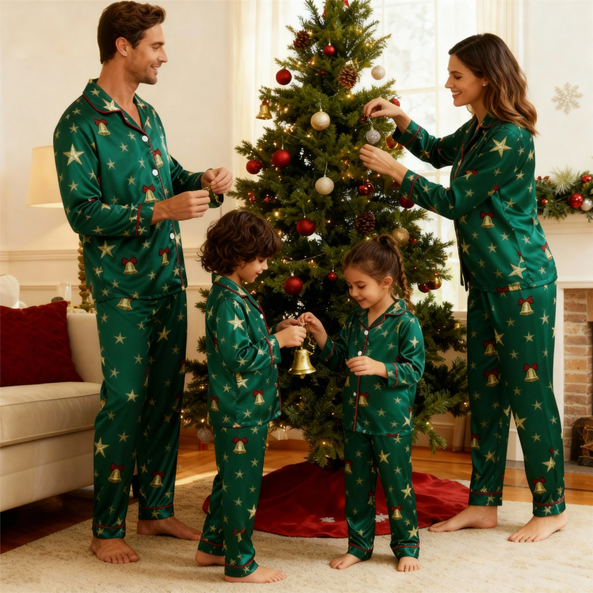 Luvik | Loma Perhe Napitettava Vihreä Satiini Jouluyöpuvu Setti