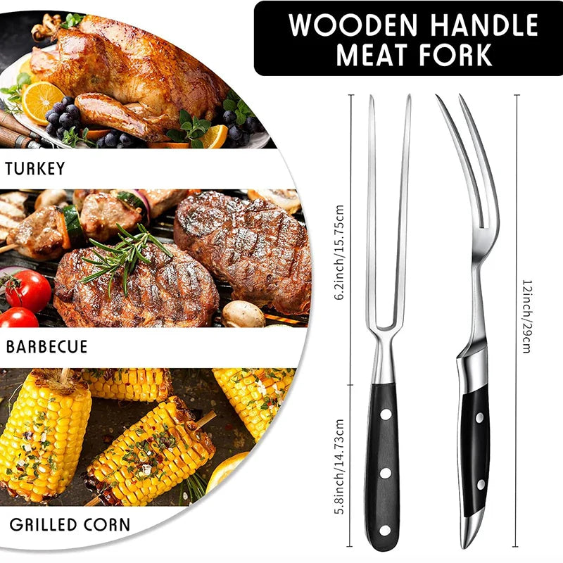 12" Rustfritt Stål Kjøttgaffel med Trehåndtak for Grill BBQ Matlaging | Luvikno