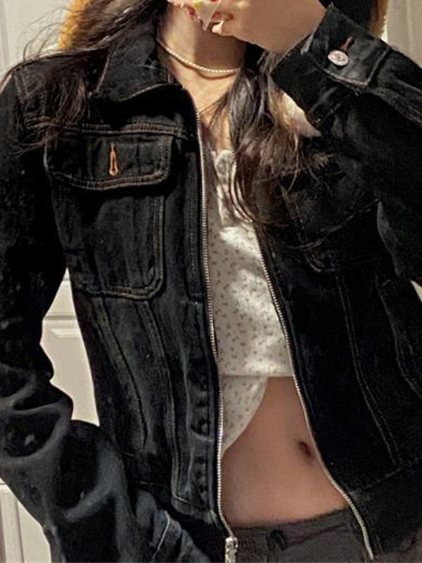 Luvik | Musta Denim Leppäkosketin Vetoketjupaita Lyhyt Takki