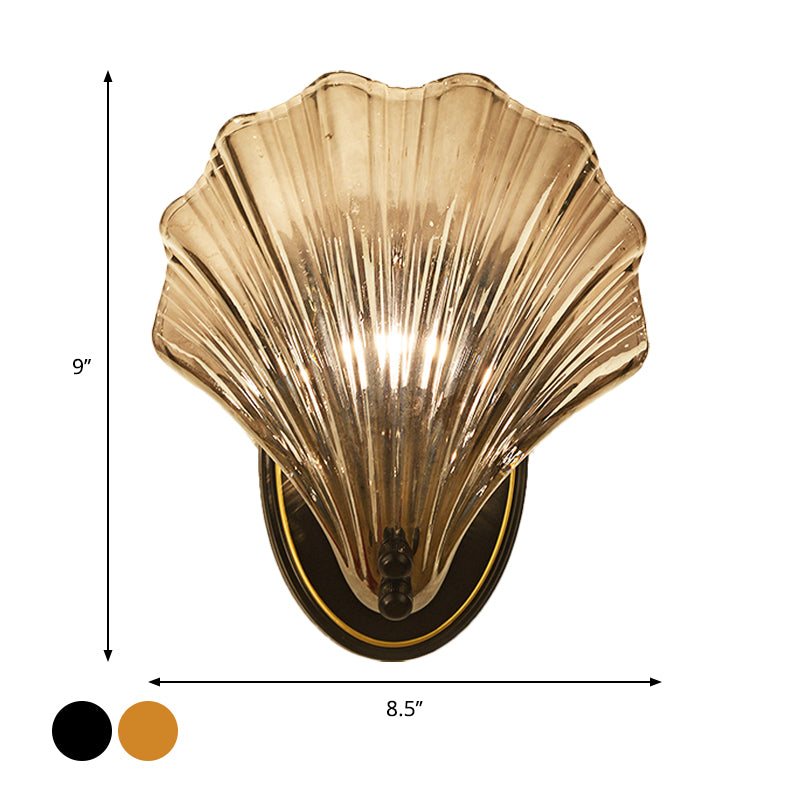 Single Scalloped Shell Vegglampe Landstil Svart/Gull Ribbet Glass Vegglys Armatur | Luvikno