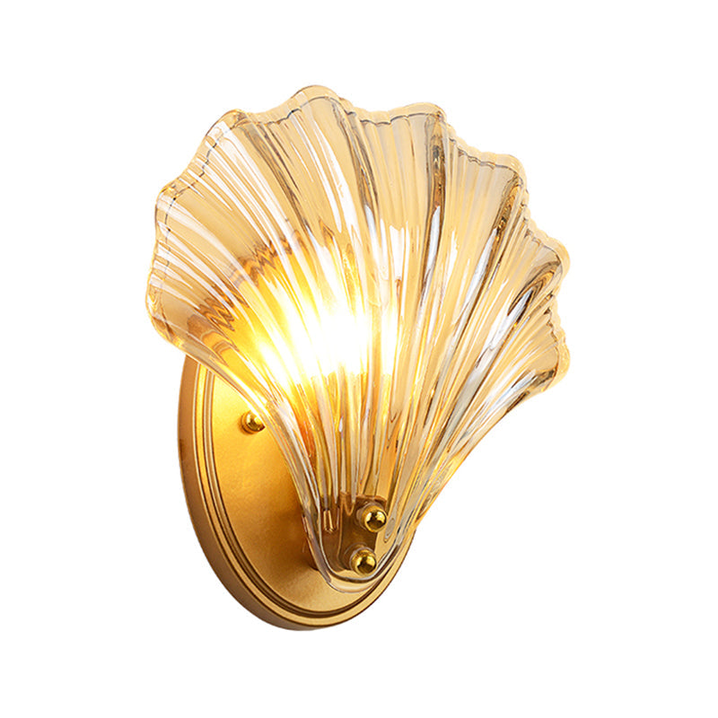 Single Scalloped Shell Vegglampe Landstil Svart/Gull Ribbet Glass Vegglys Armatur | Luvikno