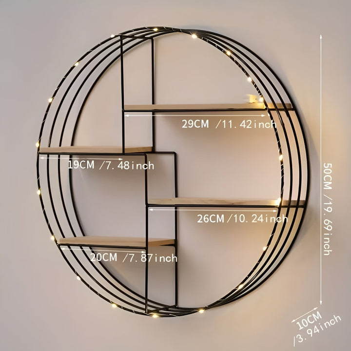 Rund Vegg hylle med 4 nivåer - Retro design laget av tre og metall | Dekorativ hengende hylle for stue, bad og soverom | Luvikno