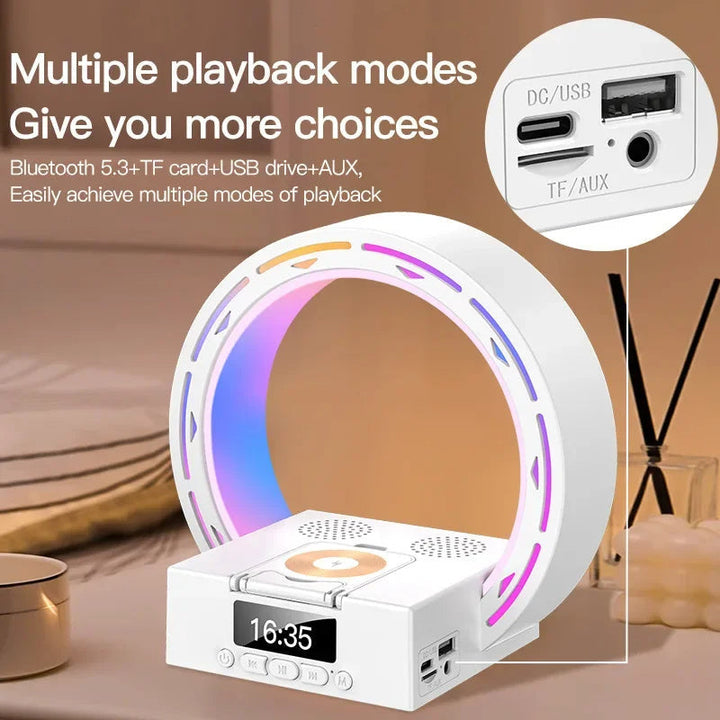 Luvikno | 4-i-1 Bluetooth høyttalerlampe med ladepad og vekkerklokke