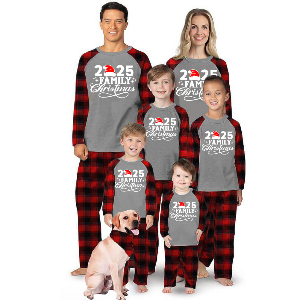 Luvik | "2025 Perhe Joulu" Kirjainpainatus Musta & Punainen Ruudullinen Perhe Yhteensopiva Harmaa Pyjama Koiran Bandana