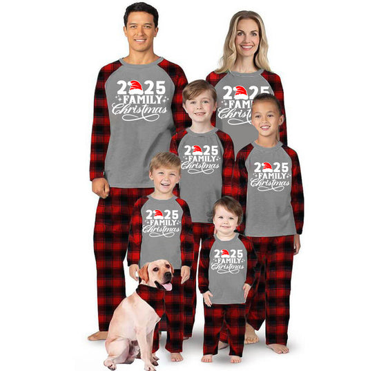 Luvik | "2025 Perhe Joulu" Kirjainpainatus Musta & Punainen Ruudullinen Perhe Yhteensopiva Harmaa Pyjama Koiran Bandana