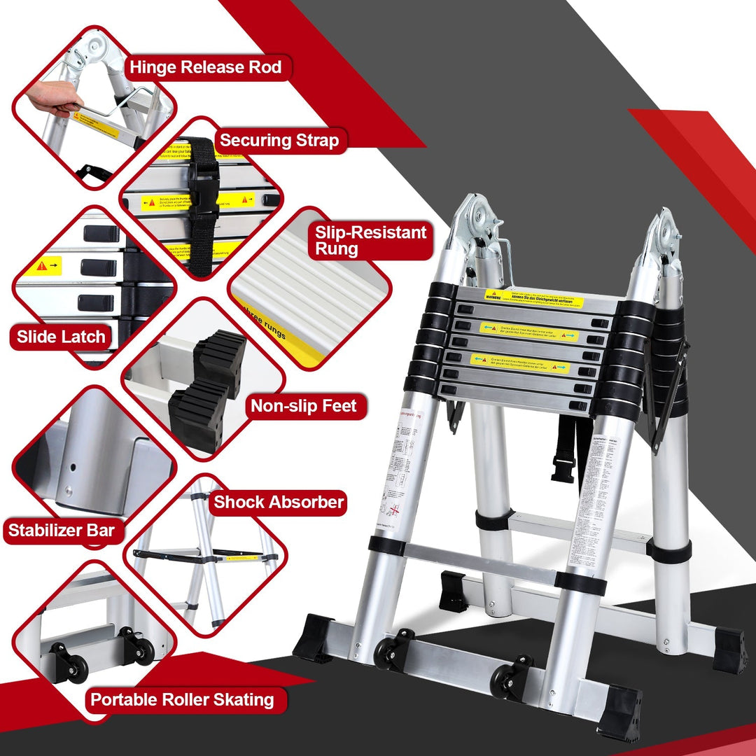 5M Aluminium Teleskopstiger Foldestiger med Hjul og Triangel Stabiliserer | Luvikno