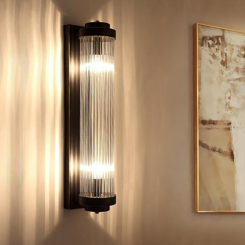 Pipe Veggmontert Lampe Moderne Stil Klar Krystall og Metall 2 Lys Sconse Fixture i Svart for Nattbord | Luvikno