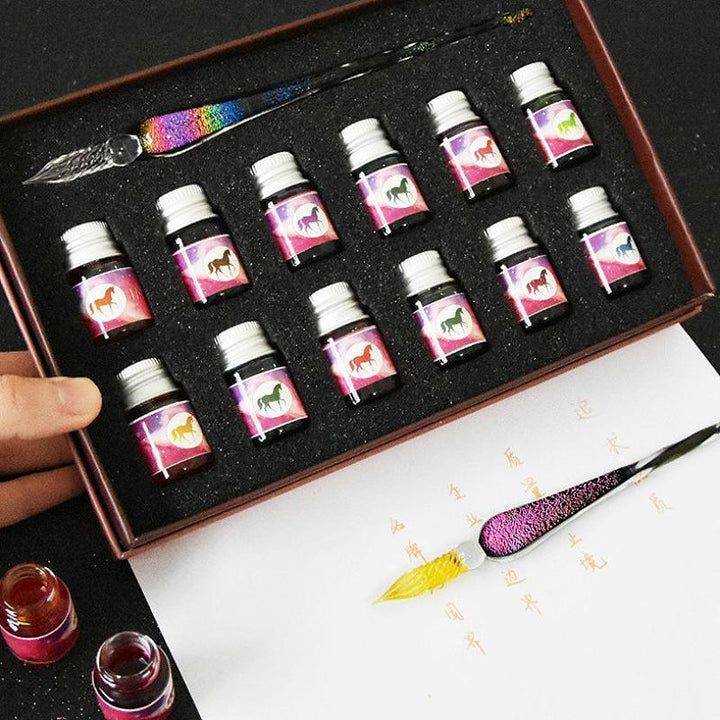 Glass fountain pen with ink and pen holder | Luvikno