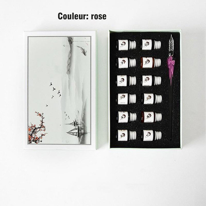 Glass fountain pen with ink and pen holder | Luvikno