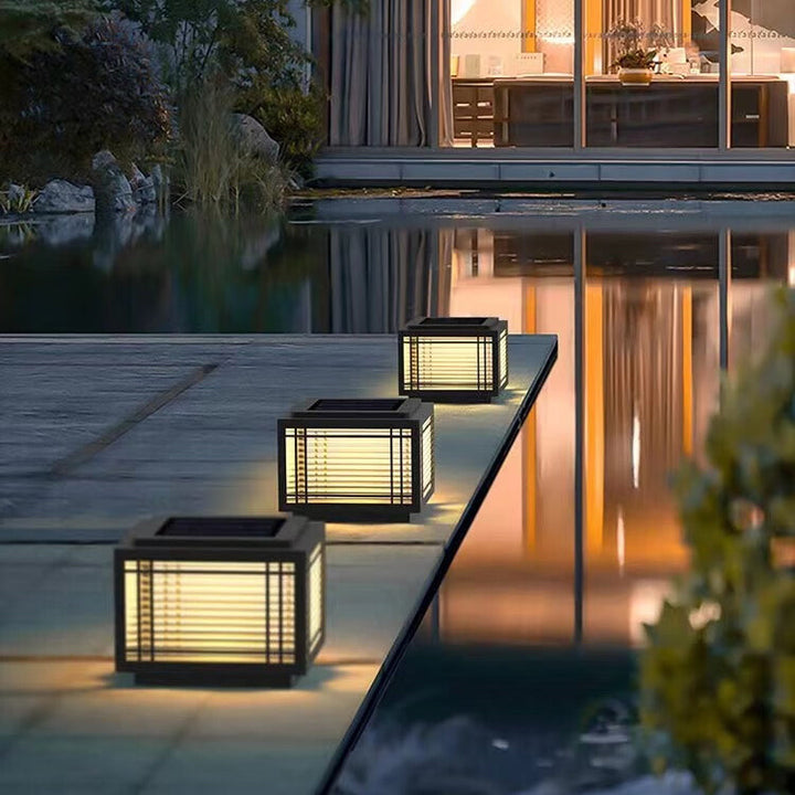 Tradisjonelt kinesisk kvadrat aluminium glass 1-lampe post hode lys for hage | Luvikno