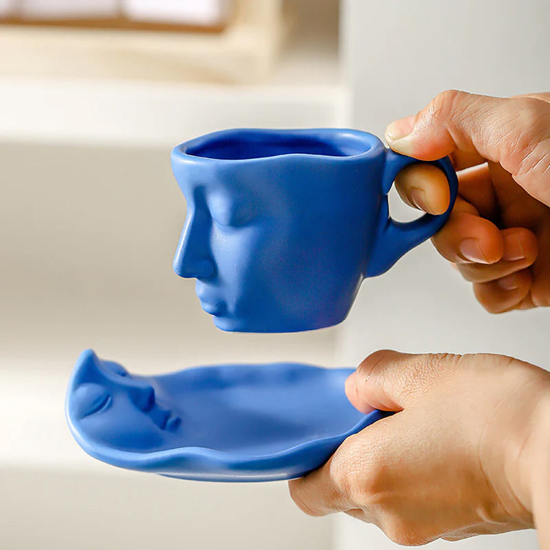 Metall Berørende Ansikt Kreativ Keramikk Kyss Kaffe Kopp, Kunstnerisk Stemning Mugge & Underkop Sett | Luvikno