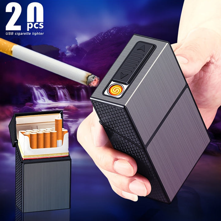 Luvikno | 2-i-1 USB oppladbar lighter og sigarettetui - Stilig herre 20-sigarett holder, fuktighetsbestandig og slitesterk