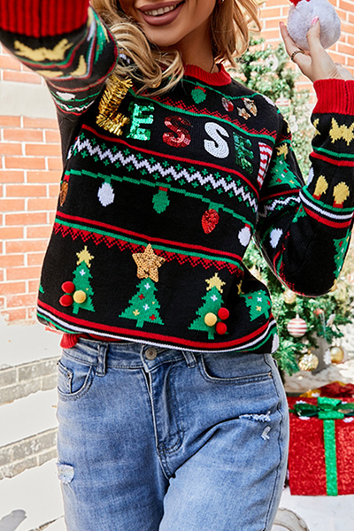 Luvik | Rennokirjaimet joulukuusi painatus paljetit jakopaluu O-kaula tops