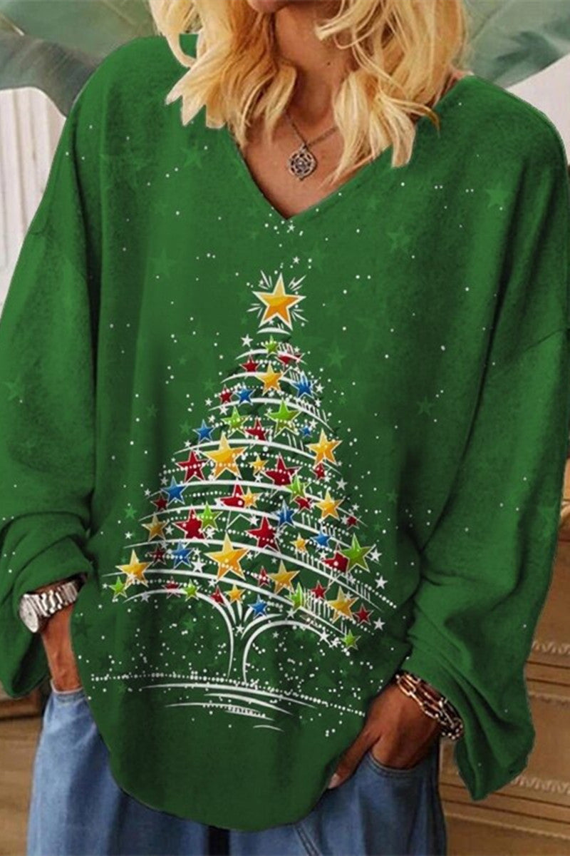 Luvik | Rentou joulukuusi painettu tilkkutyö V-kaula-aukko paidat