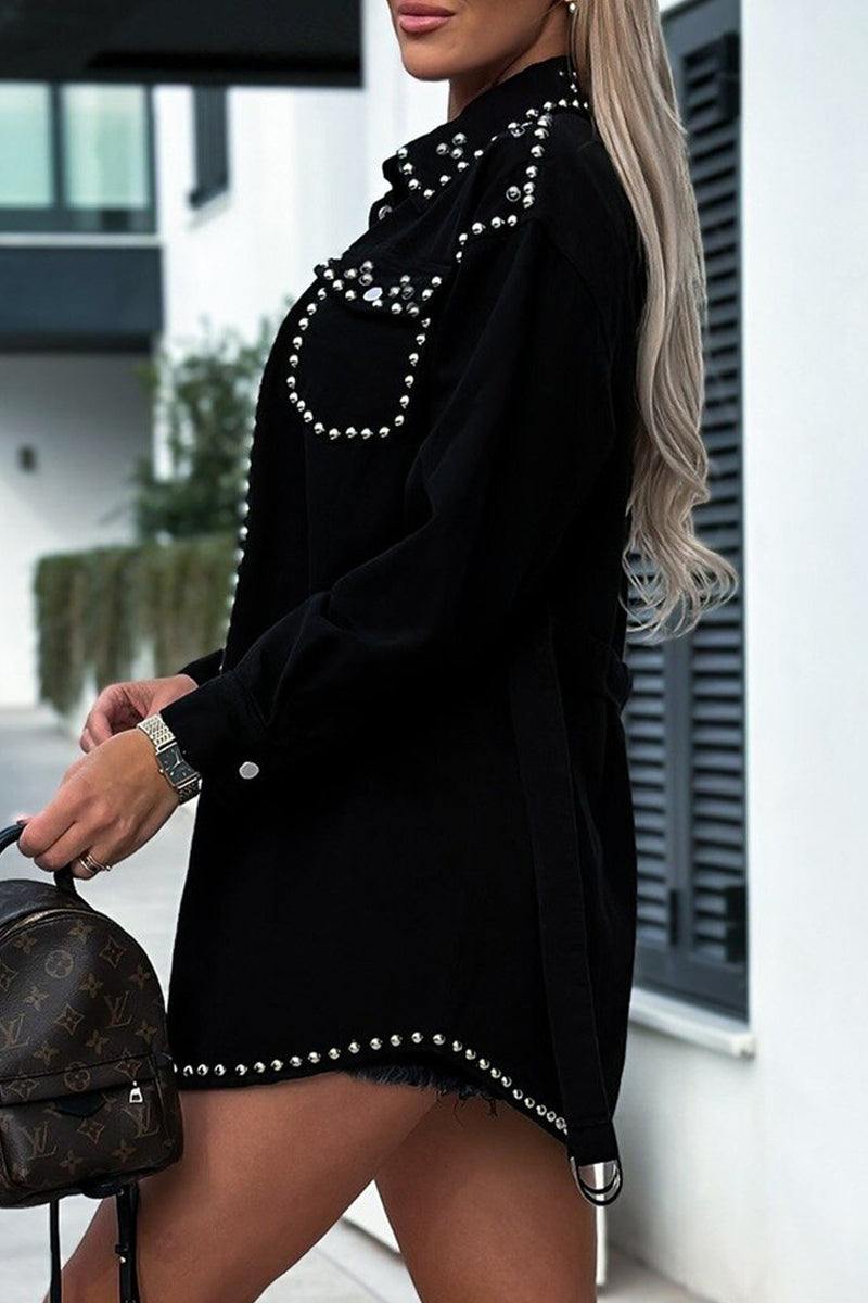 Luvik | Punk Yhdisvärinen Niitti Käännettävä Kaulus Pitkät Hihat Rentoa Farkkutakkia