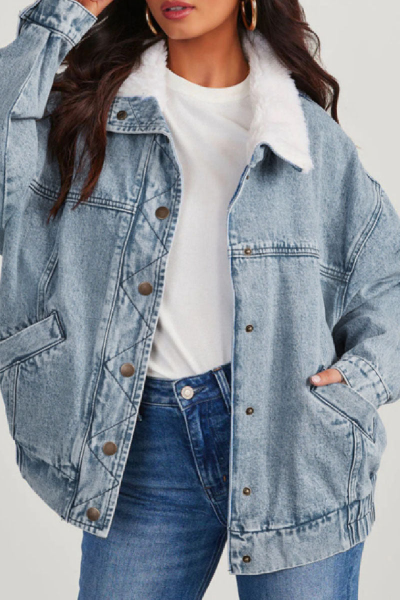Luvik | Solid Patches Krage Langermet Normallengde Denim-jakke