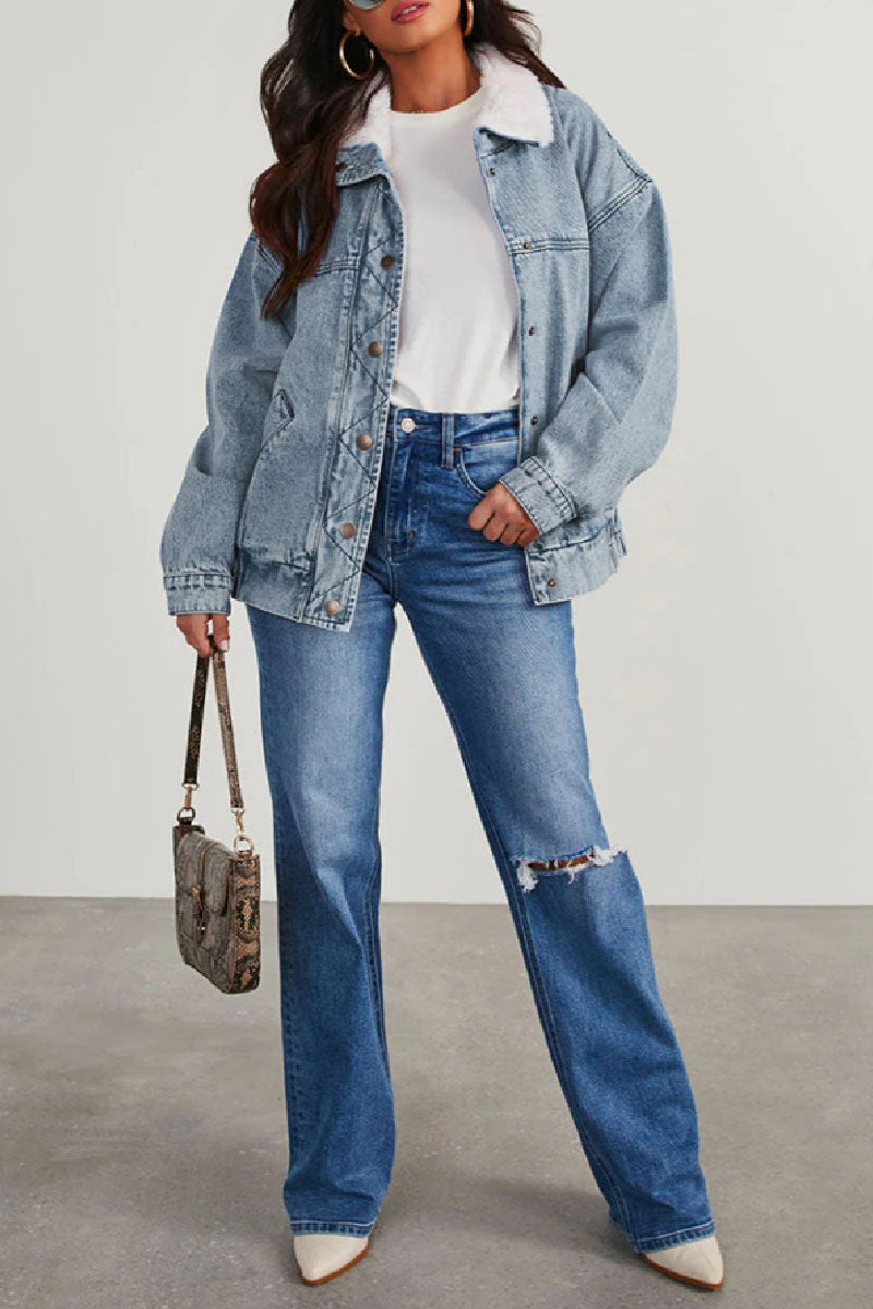 Luvik | Solid Patches Krage Langermet Normallengde Denim-jakke