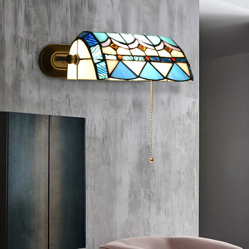 Middelhavsbankerlampe med trekkjede, farget glass 1 lys vegglampe i blå | Luvikno