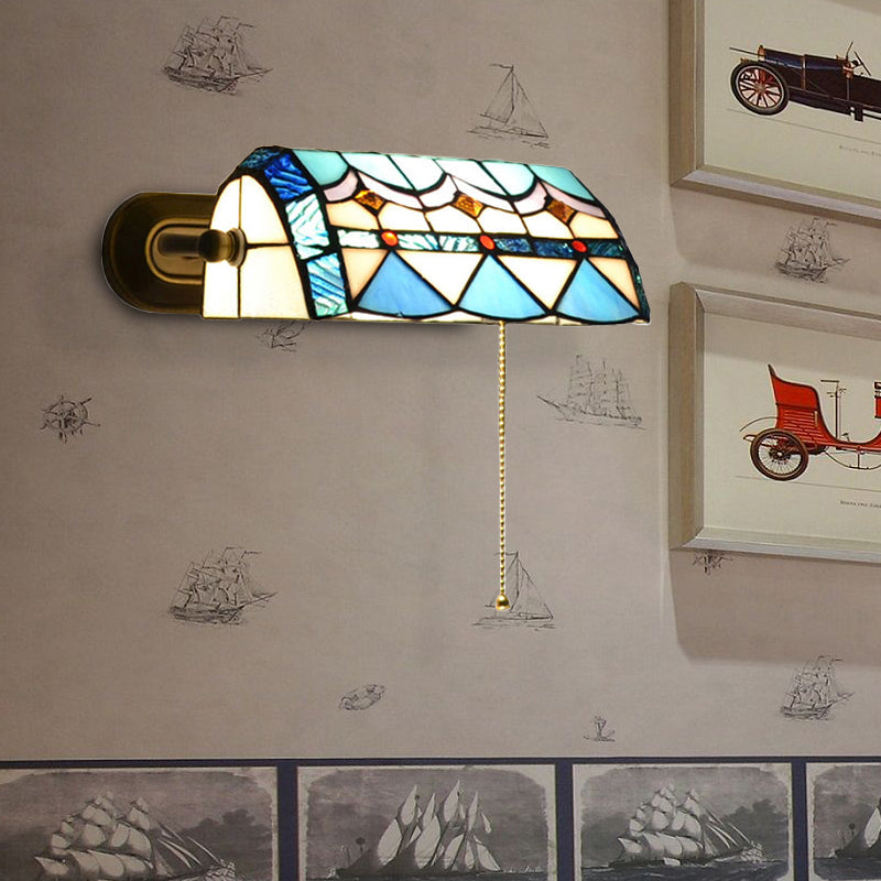 Middelhavsbankerlampe med trekkjede, farget glass 1 lys vegglampe i blå | Luvikno