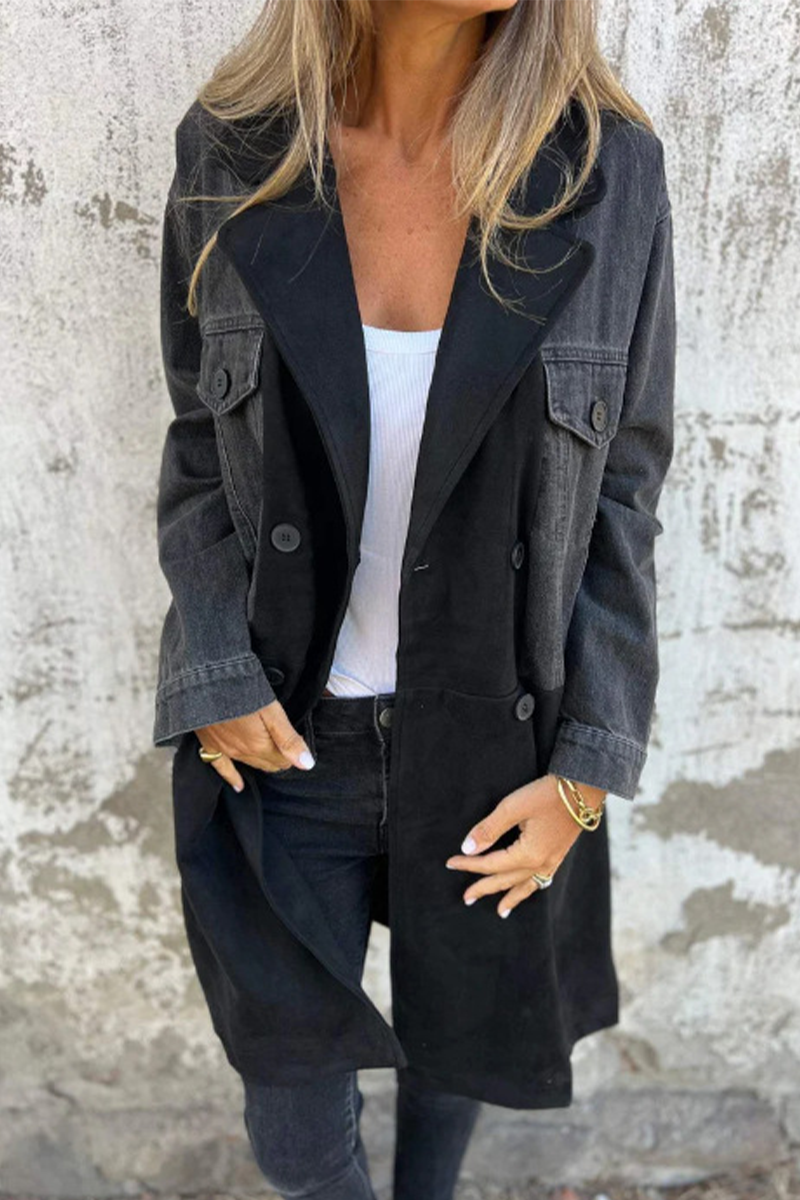 Luvik | Katutakit Nappipatchwork Kontrast Käännettävä Kaulus Pitkähiha Rent Denimtakki