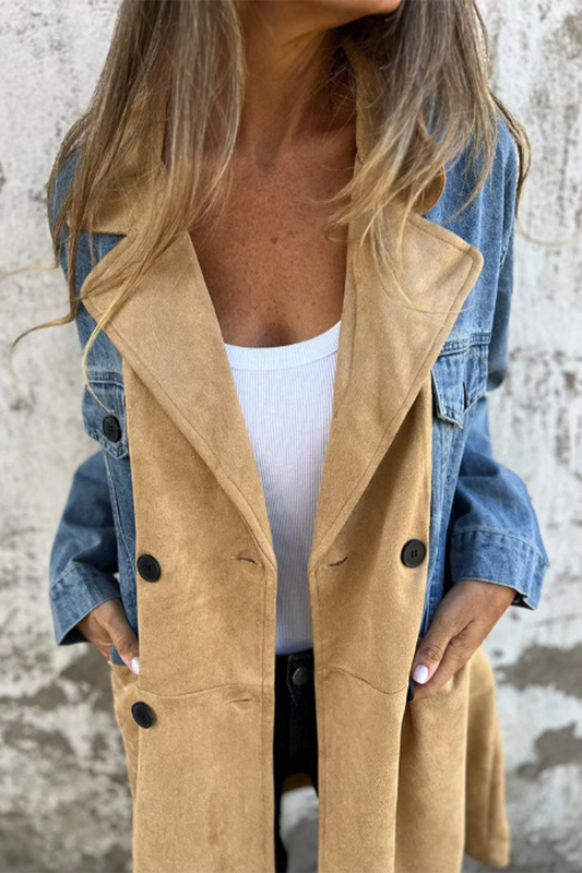 Luvik | Katutakit Nappipatchwork Kontrast Käännettävä Kaulus Pitkähiha Rent Denimtakki