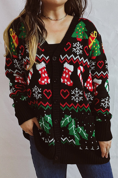 Luvik | Casual Lumihiutale Joulukuusi Napit Kangas Kontrasti V-Pääntie Ylävaatteet