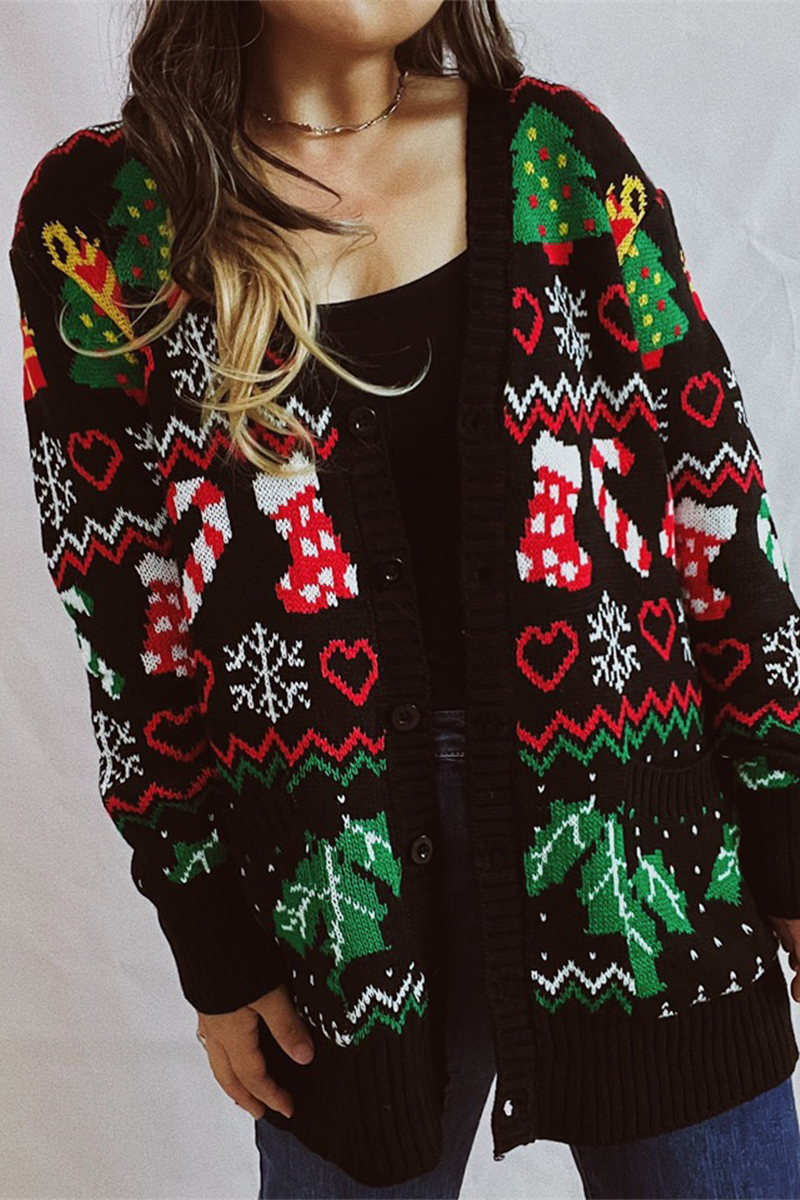 Luvik | Casual Lumihiutale Joulukuusi Napit Kangas Kontrasti V-Pääntie Ylävaatteet