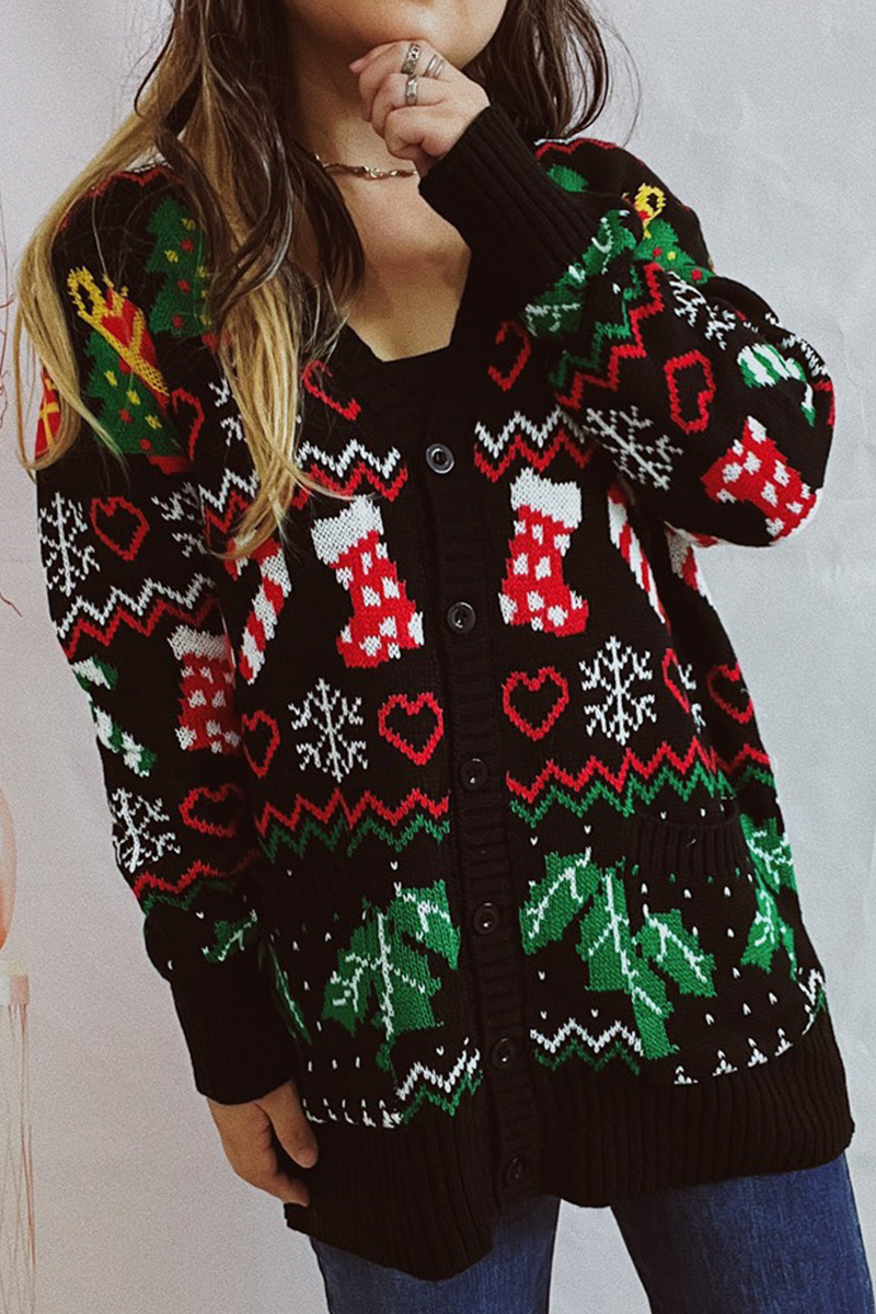 Luvik | Casual Lumihiutale Joulukuusi Napit Kangas Kontrasti V-Pääntie Ylävaatteet