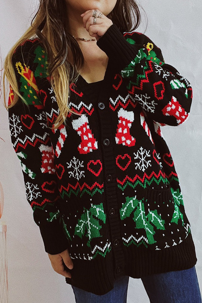 Luvik | Casual Lumihiutale Joulukuusi Napit Kangas Kontrasti V-Pääntie Ylävaatteet