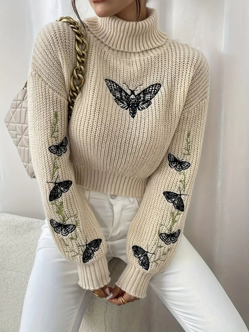 Luvik | Genser med sommerfuglprint og høy hals - Elegant dame motefashion