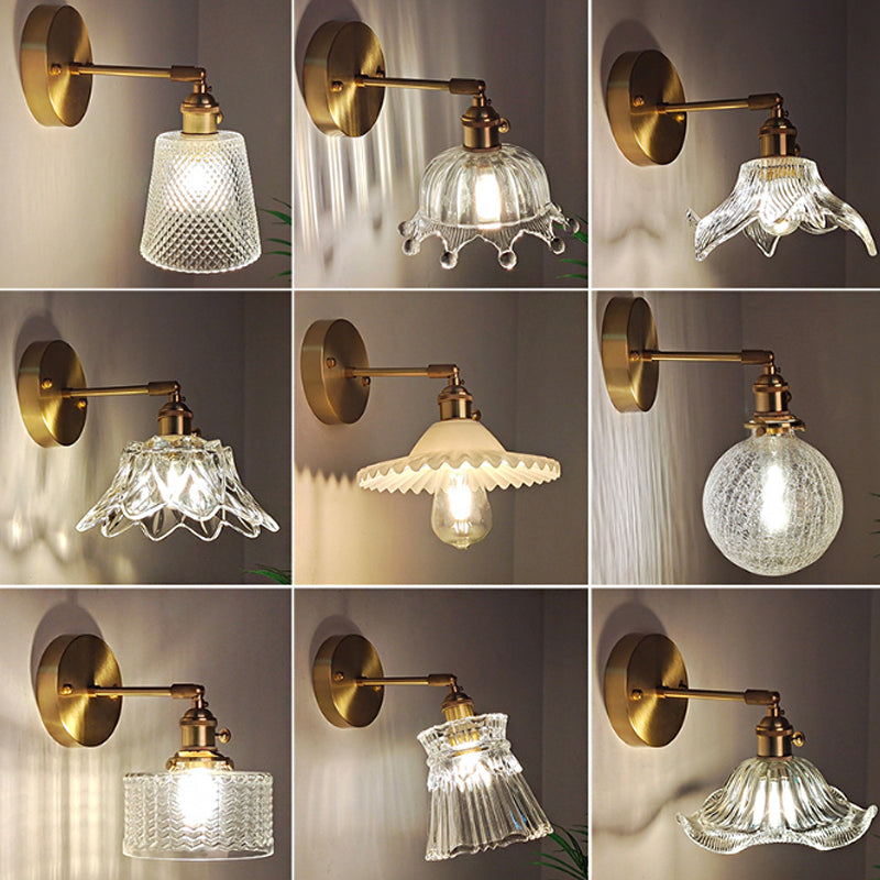 Jern Messing Finish Vegg Leselampe Svingarm 1-Lys Industriell Veggmontert Lampe med Blomst/Skål Klar Glass Skjerm | Luvikno
