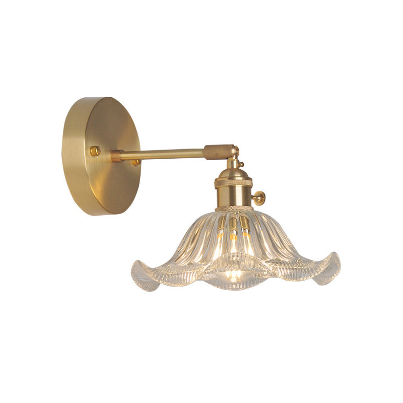 Jern Messing Finish Vegg Leselampe Svingarm 1-Lys Industriell Veggmontert Lampe med Blomst/Skål Klar Glass Skjerm | Luvikno
