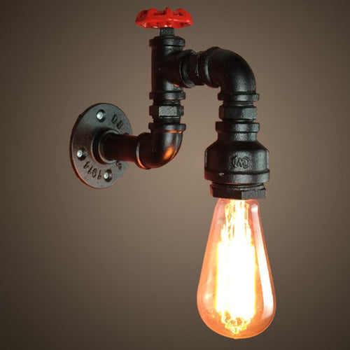 Svart Kran Vegglampe Steampunk Jern 1-Lykt Stue Vegglampe Sett med Rød Ventil | Luvikno