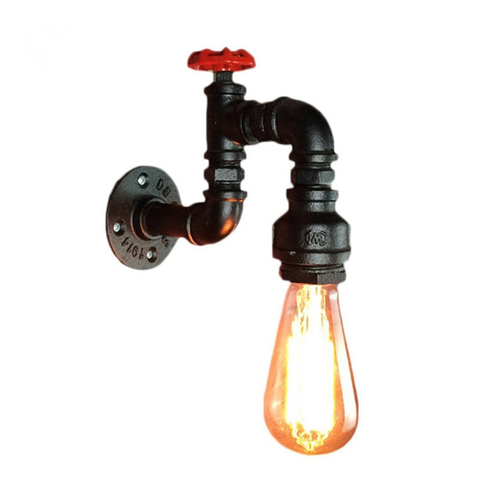 Svart Kran Vegglampe Steampunk Jern 1-Lykt Stue Vegglampe Sett med Rød Ventil | Luvikno