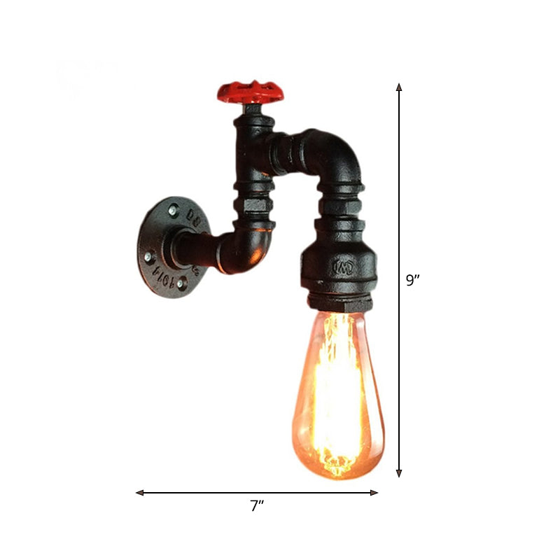 Svart Kran Vegglampe Steampunk Jern 1-Lykt Stue Vegglampe Sett med Rød Ventil | Luvikno