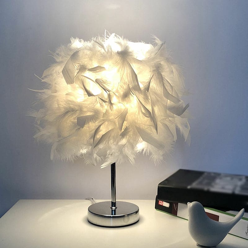Rund fjærlampe - dekorativ bordlampe for stue, nattbord & batteri, dimbar, trådløs | Luvikno