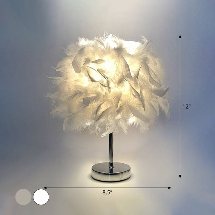 Rund fjærlampe - dekorativ bordlampe for stue, nattbord & batteri, dimbar, trådløs | Luvikno