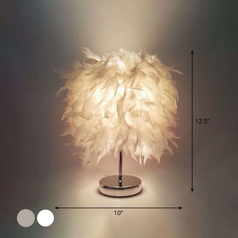 Rund fjærlampe - dekorativ bordlampe for stue, nattbord & batteri, dimbar, trådløs | Luvikno