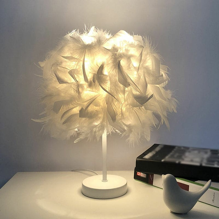 Rund fjærlampe - dekorativ bordlampe for stue, nattbord & batteri, dimbar, trådløs | Luvikno